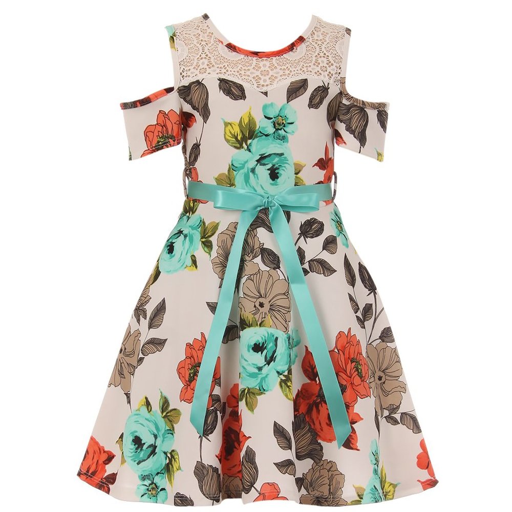 Cold Shoulder Sleeve Lace Floral Wedding Evening Party Flower Girl Dress Mint